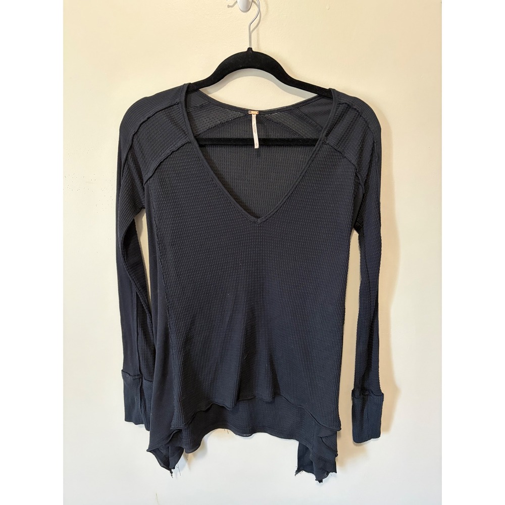 Free People Black Waffle Knit Thermal V-Neck Long Sleeve Top Small